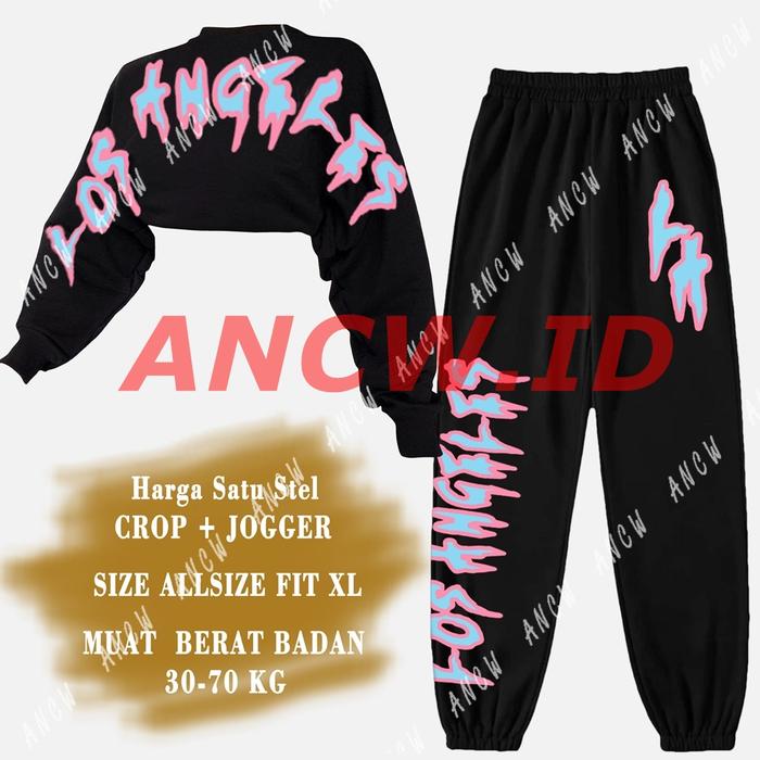 SETELAN WANITA LOS ANGELES SWEATER CROP - JOGGER POCKET TERBARU
