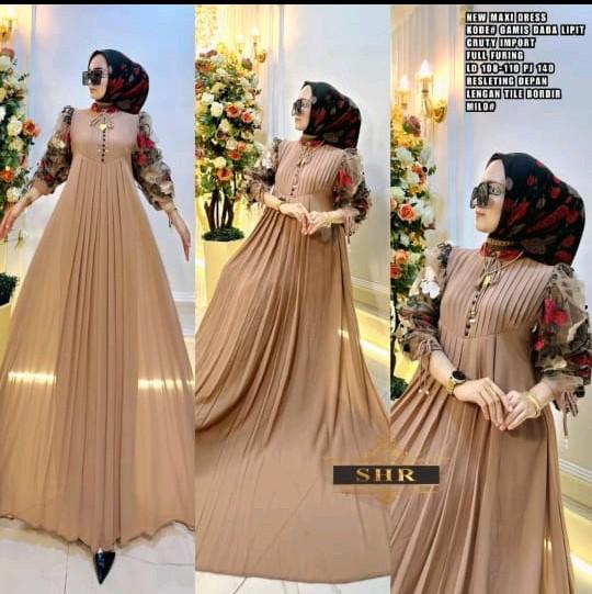 SHR cruty polos motif lengan brukat bunga plisket Gamis Muslim Wanita