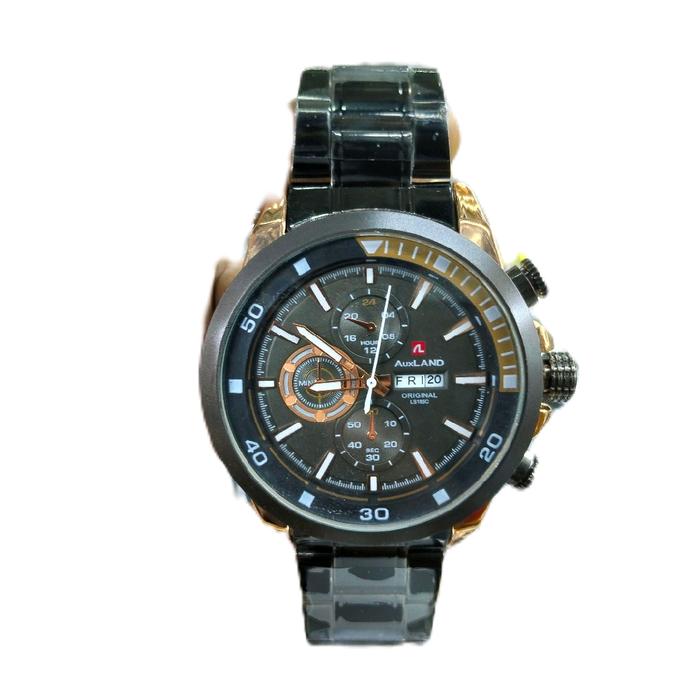 AuxLAND Jam Tangan Pria Original Hitam & Rosgold Tanggal Hari Aktif Rantai Padat Gaya Mantap Sporty 