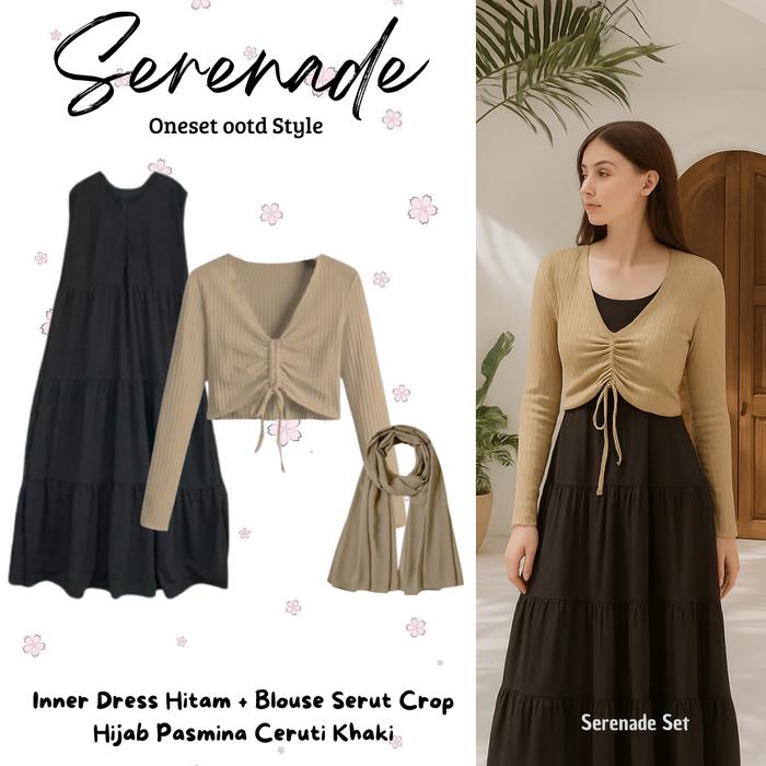 KWINDA - Setelan Baju Oneset 3in1 (Inner Dress Jahit Susun, Blouse Knit Crop Mocca, Pasmina Ceruti) 