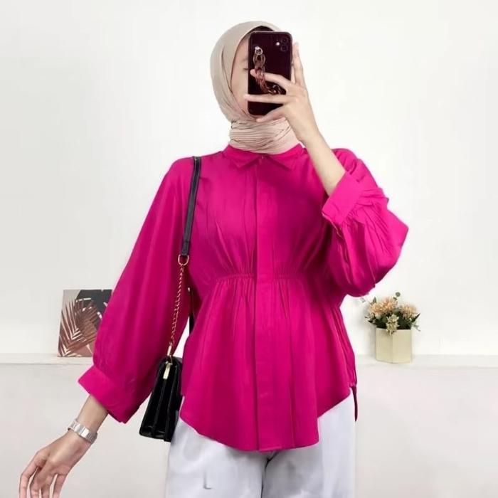 Blouse Wanita Kerut Depan Korean Style Atasan Dewasa Model Funnel Collar - Baju Formal