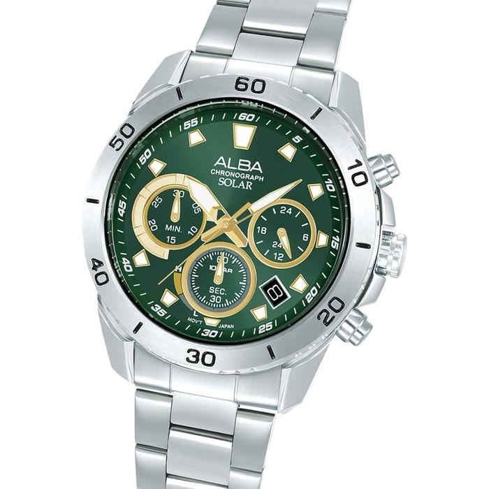 JAM TANGAN ANALOG PRIA ALBA AZ5011X1 / AZ5011 / AZ5011X SOLAR CHRONOGRAPH GREEN DIAL STAINLESS STEEL