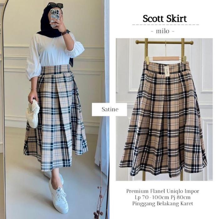Rok Midi Flanel Kotak-Kotak Semi Wol Import Panjang 7/8 Pinggang Karet Nyaman Dipakai