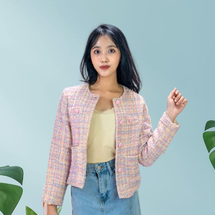 Folady - P456 Atasan Blazer Tweed Rainbow Wanita Import Lengan Panjang Full Kancing Dua Saku Hidup S