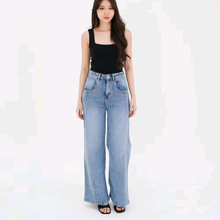 Upgrade nova jeans denim highwaist loose baggy kulot straight wide leg celana panjang stretch