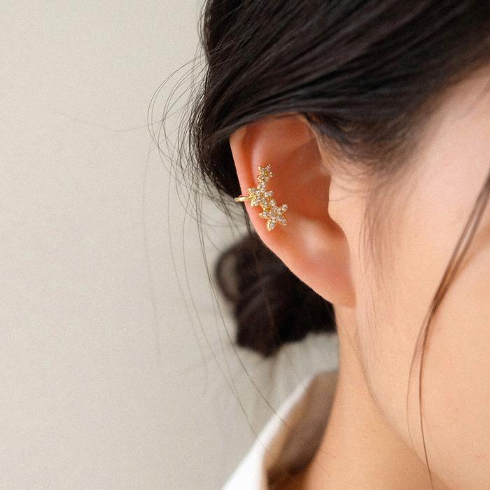 (1PC) Three Flora Zirconia Ear Cuff — Anting Jepit Bunga