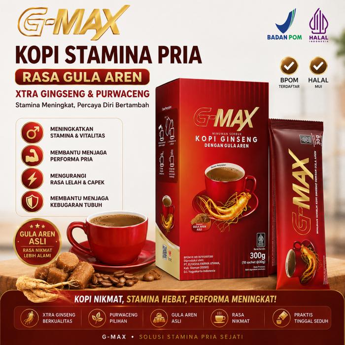 GMAX - Kopi Gingseng STAMINA PRIA RASA Gula Aren 1 Box isi 10 sachet Berkualitas BPOM HALAL