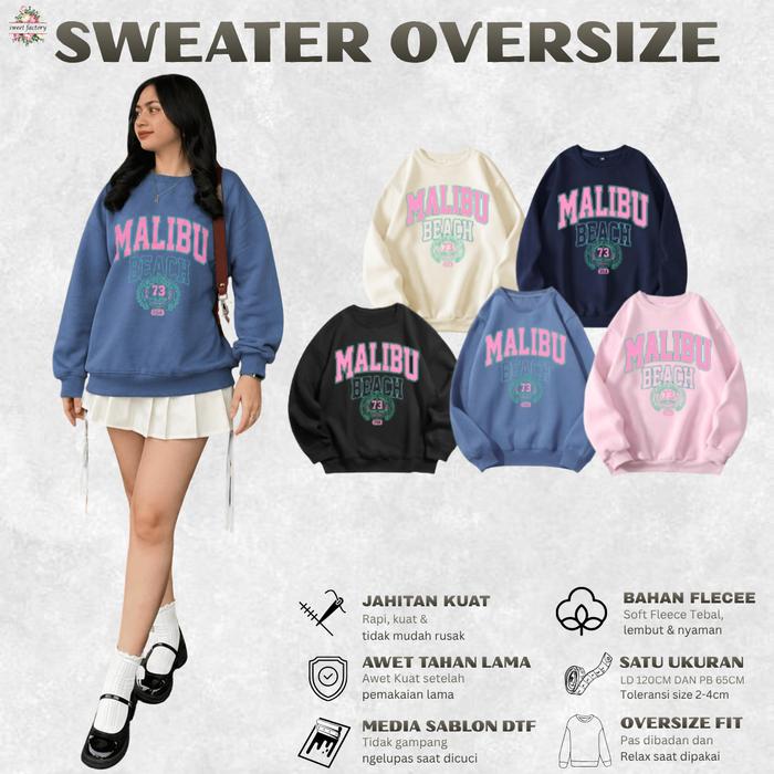 Sweater Crewneck Oversize Atasan Wanita Cotton Flecee Lembut Adem Artikel Malibu
