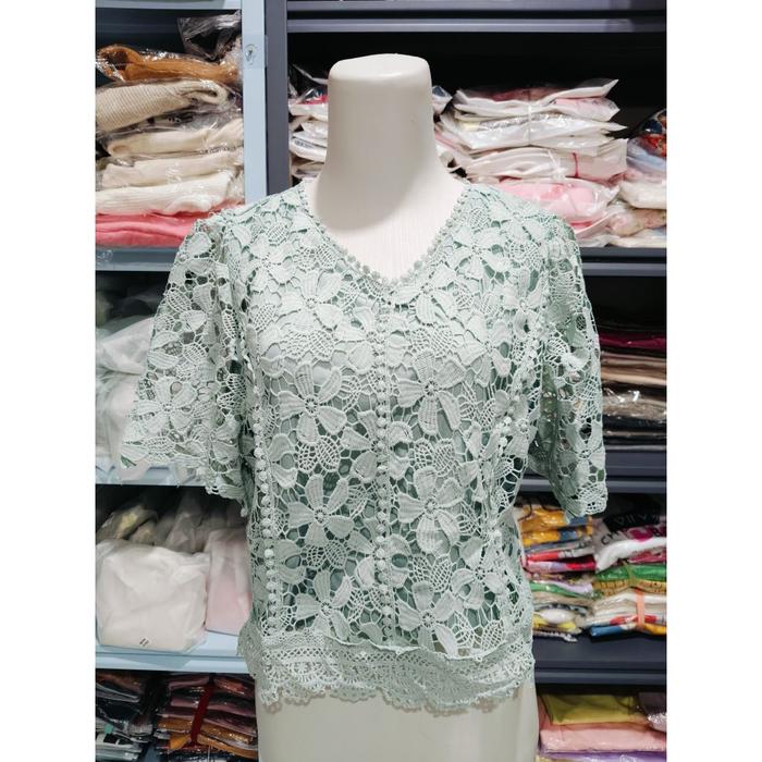 New Blouse/Atasan Brokat Wanita Bahan Katun Bolong + Bordir Bunga & Furing