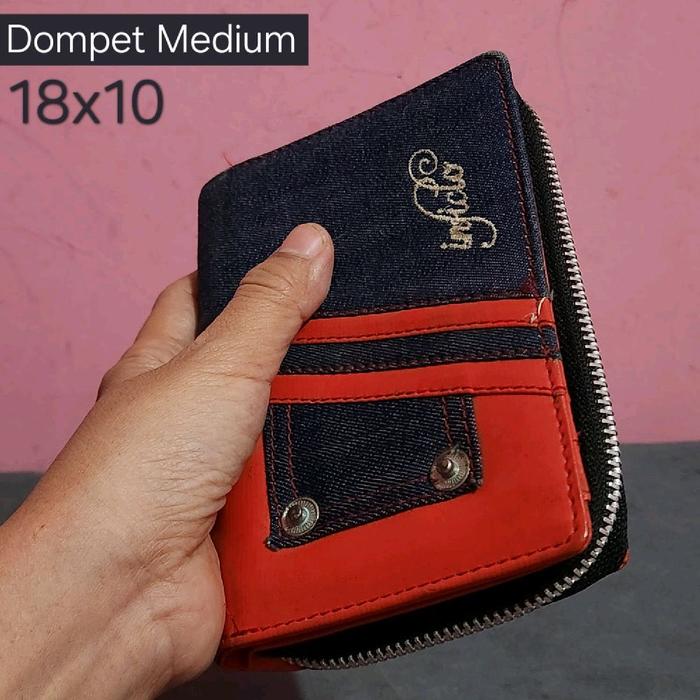 Preloved INFICLO Dompet Medium Lipat dua (Bifold) Zipper Kulit Merah +Jeans Biru Denim 18 x 10