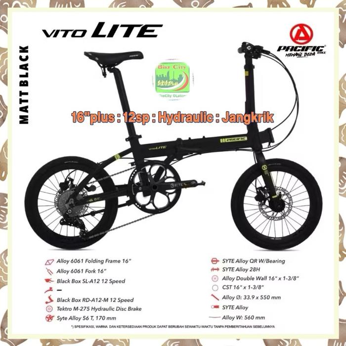 Pacific Sepeda Lipat VITO Lite 16 Inch Alloy 12sp Hydraulic HUB Jangkrik Matt Black Limited Stok
