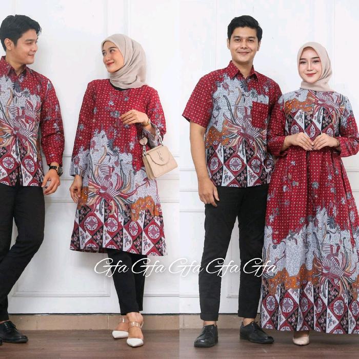 Batik Couple Gamis Tunik Kemeja Atasan Tunik Saku Rits Depan dan Kemeja Pria Lengan Panjang Hem Bati
