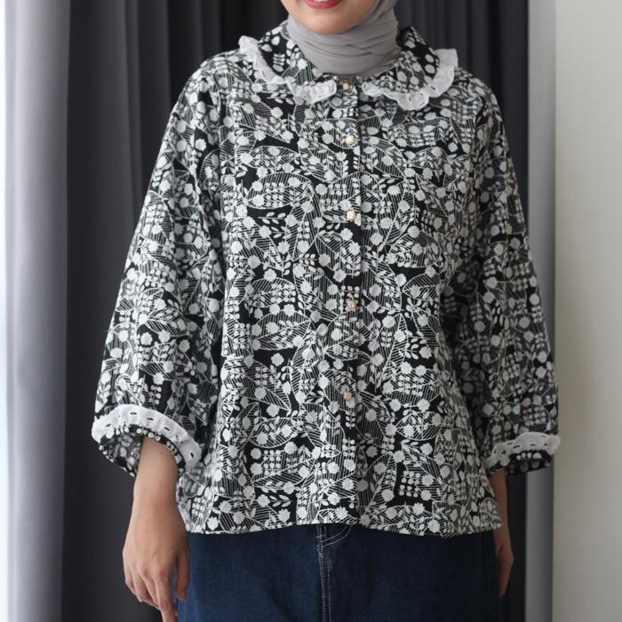 Eclemix Top Sitra | Atasan Wanita Kemeja Motif Kerah Peterpan Vintage | Kemeja Lengan Panjang