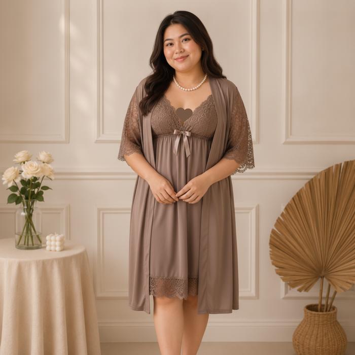 LindaGalz MAGGIE in Nude 3in1 Pakaian Tidur Wanita Terbaru Kimono Set Lingerie Big Size Jumbo Baju T