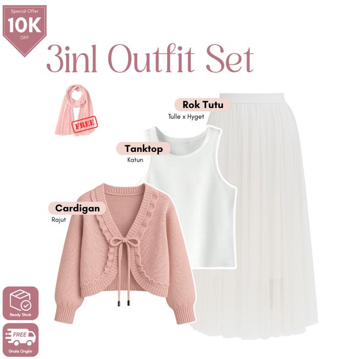 GRL 135 One Set Remaja Korean Look Bolero Rajut Dusty Pink Tanktop Katun Putih Rok Tutu Tile Putih O