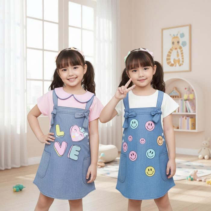 Two Mix - Dress Anak Perempuan Kaos Scuba dan Jeans  Baju Pergi Cewek 1-8 Tahun 4137B Motif Love & 4