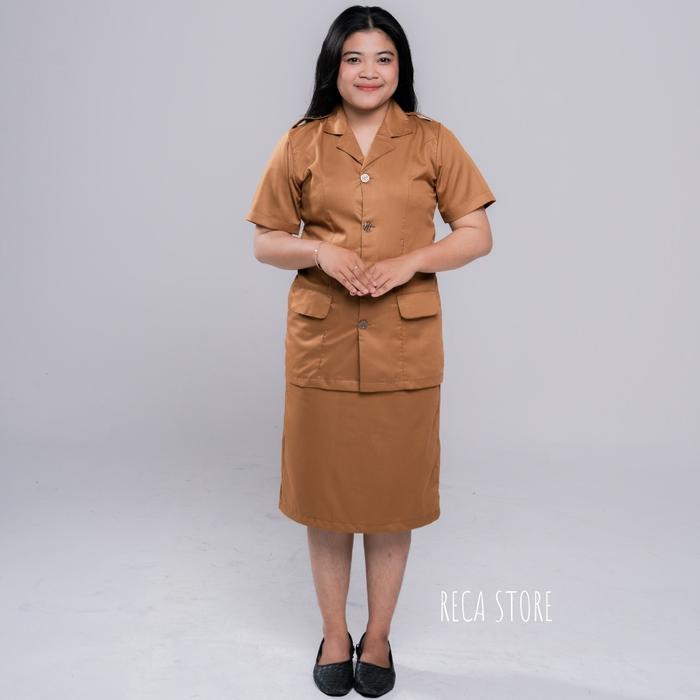 Setelan Seragam Dinas PDH Khaki Tua PEMDA PNS GURU Model Semi Jas/Kerah Rebah Lengan Pendek Wanita N