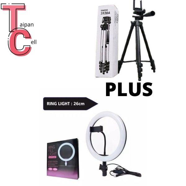 TRIPOD 3210A PLUS LAMPU RINGLIGHT TRIPOD HITAM SEPAKET LAMPU SELFIE 26 CM 3 WARNA