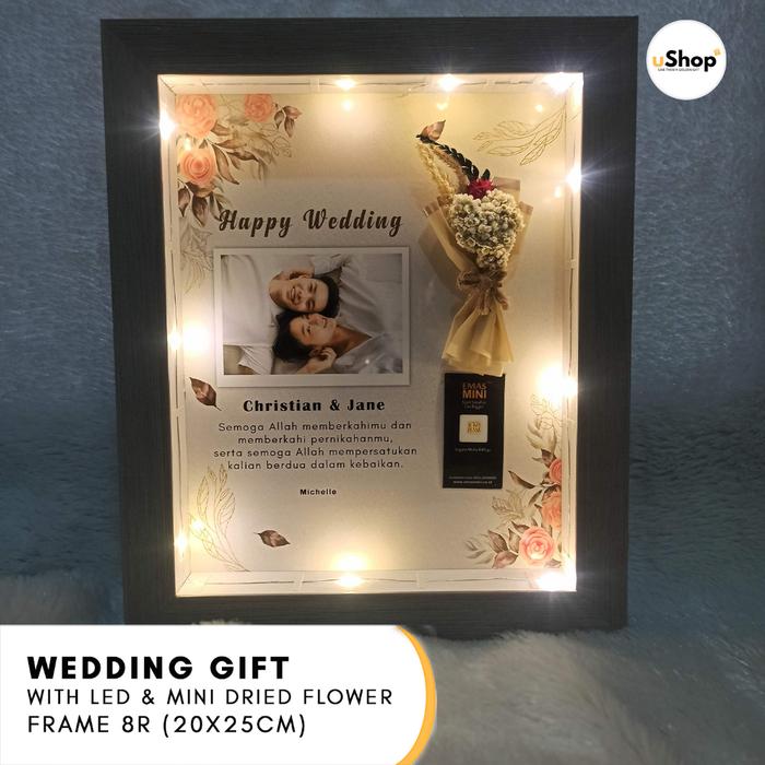 Kado Pernikahan Wedding Gift Logam Mulia Emas Mini Kado Nikah Frame 8R (20x25 cm) Narutal Kayu