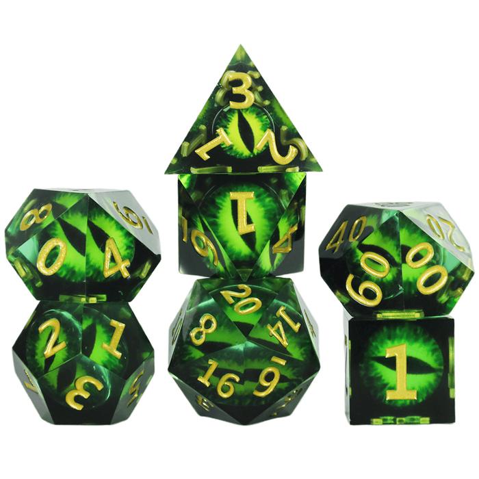 Handmade 7pcs Resin Sharp Edge Polyhedral Dice Set With Dragon Eye