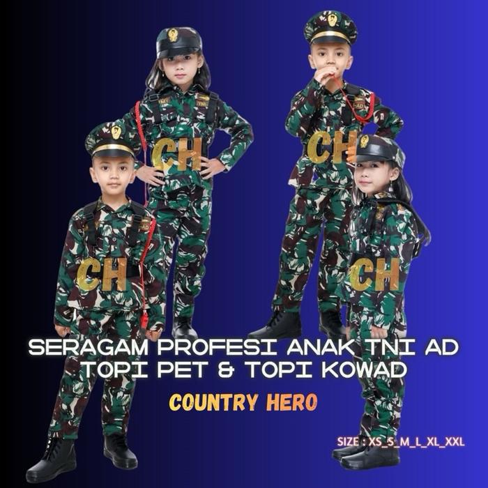SERAGAM PROFESI TNI AD TOPI PET & KOWAD ANAK FULLSET FULL AKSESSORIS SEPATU PDL RESSLETING & KOPEL D