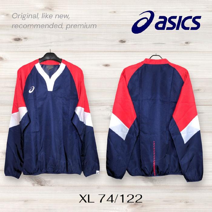 Baseball Jacket 2121A251 V Jean LS ASICS in a red, navy blue, and white colorway Vneck  Varsity Pull