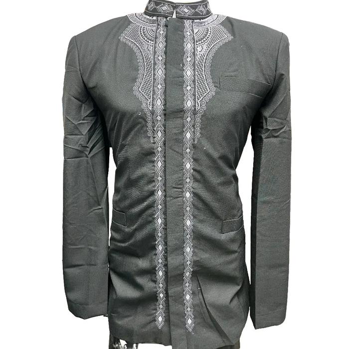 Jas Koko Hasgradini Bahan Katun India Lembut Motif Bordiran Salur Muslim Pria Dewasa Panjang Hitam