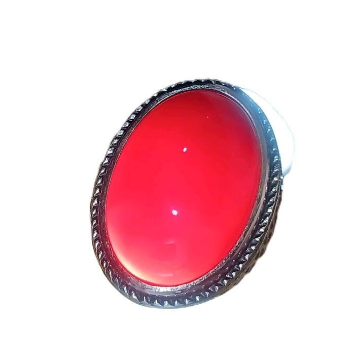 Cincin Red Baron Pacitan Serat Kura Chalcedony Natural Medium 24x17x10mm Ring Alpaka Ukuran 8 - Ring