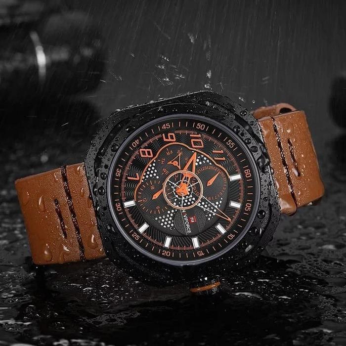 Jam Tangan Naviforce Nf-9059 Leather Tanggal Hari Original List Gold