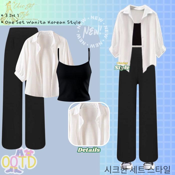 Outfit One Set Tampil Atasan Kemeja Blouse Trendi Tangtop Tali Kecil Nyaman Serasi Celana Scuba Hita