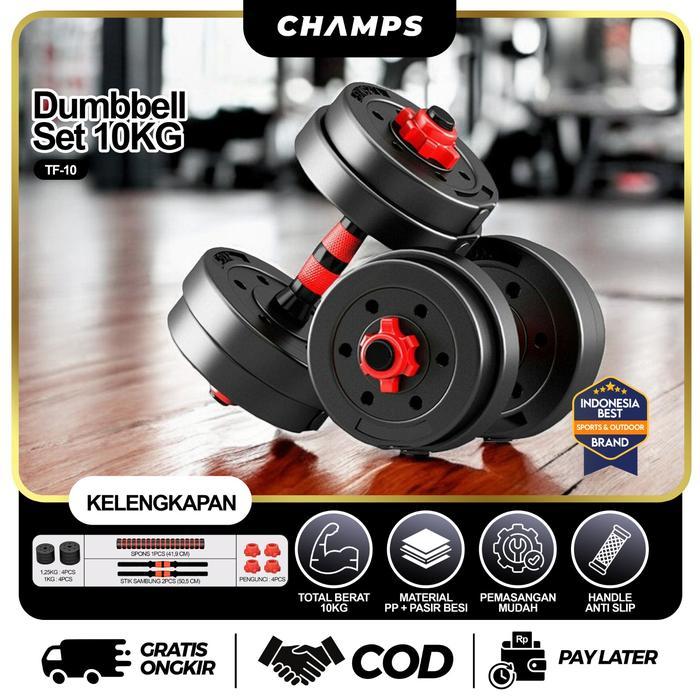 promo - champs barbel 10 kg set adjustable olahraga angkat beban mudah dilepas pasang