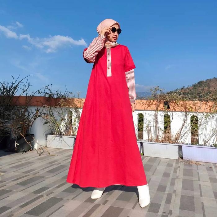 Gamis Muslim Panjang Cantik Mewah Wanita Dewasa Warna Merah Bahan Kaos Nyaman Casual Modern By Deria