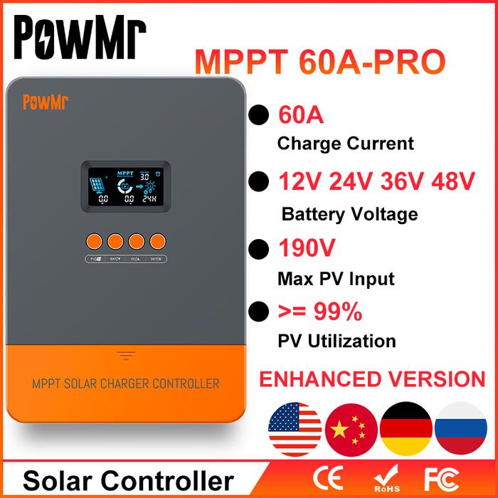PowMr MPPT 60A Solar Charger Controller Blacklight LCD Regulator Max