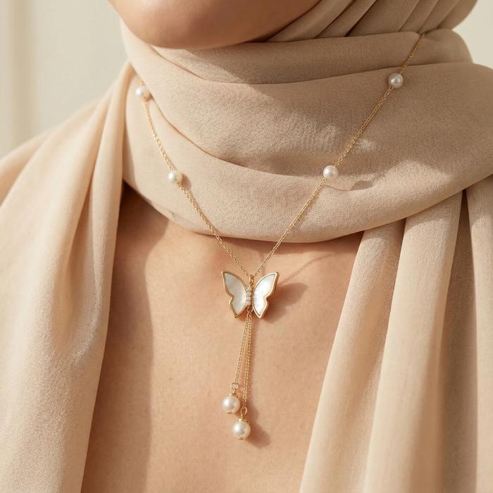 Kalung Butterfly Mutiara Wanita Elegan Mewah Y Drop Necklace Korea Style Viral TikTok