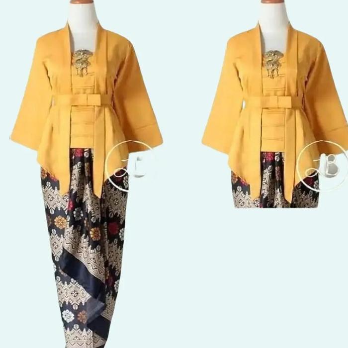 Setelan Kebaya Kutu Baru Pita Bahan Katun Warna Kuning dan Rok Batik Wanita Kain Lilit Bahan Semi Su