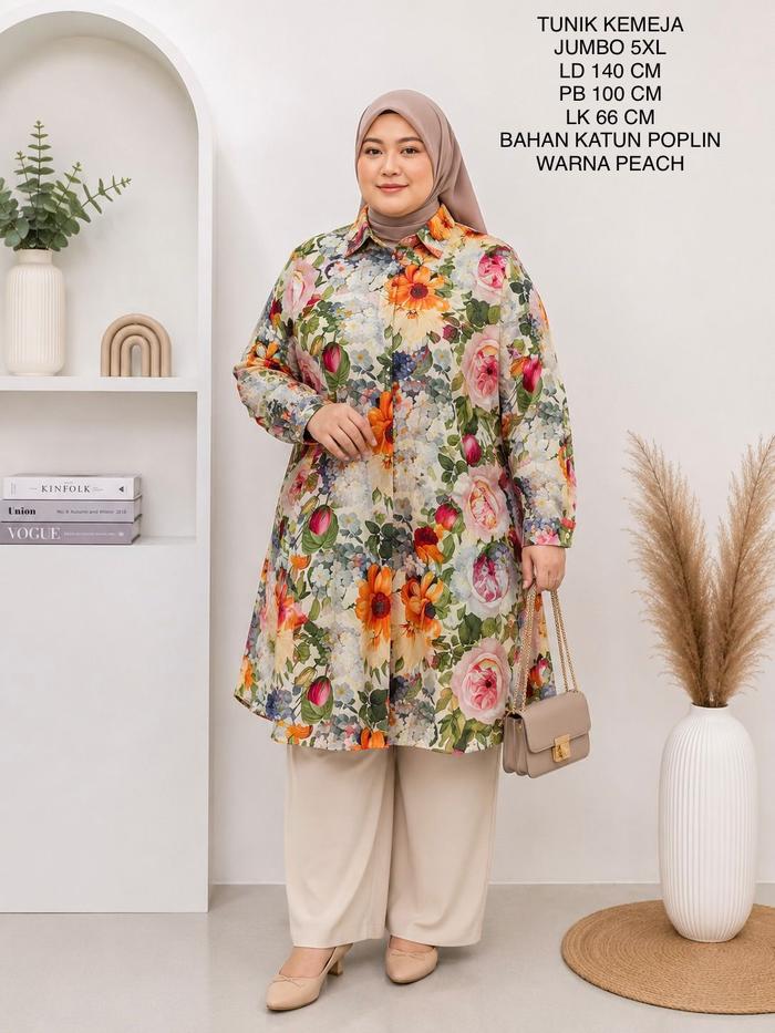 Tunik Kemeja Jumbo Ld 140 Cm Motif Bunga Kekinian - Olla Tunik