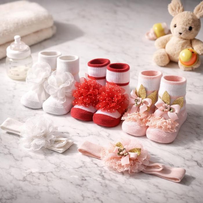 (Isi 3 Pasang) Kaos Kaki Anak Bayi Perempuan Kaus Kaki Balita Newborn + Bandana/Headband Merek Oreo