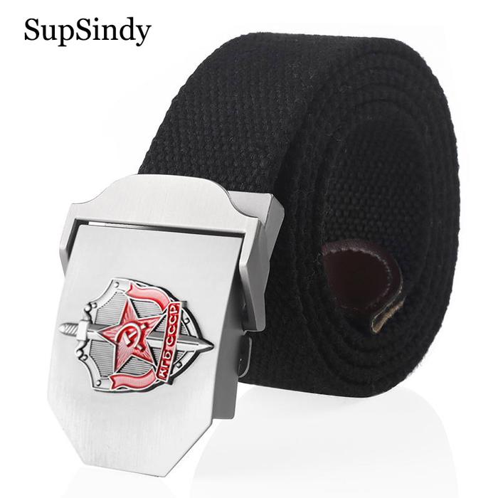SupSindy Man Canvas Belt 3D Soviet Glory KGB Metal Buckle Jeans Belts for Men CCCP Army Military Tac
