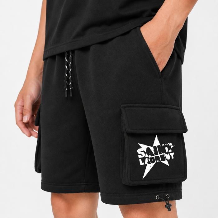 Celana Pendek Cargo Saint Laurent Cowok Cewek Fleece Bahan Lembut dan Adem Warna Hitam Boardshort Mo