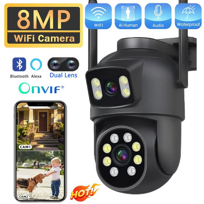 4K 8MP Dual Len Wifi Camera PTZ Outdoor Dual Screen AI Human Auto Tracking CCTV Security Video Surve