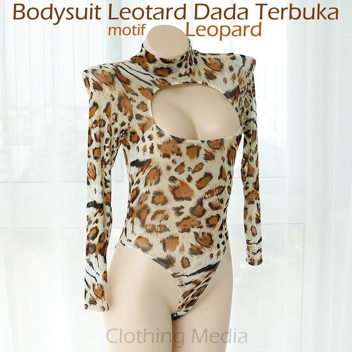 Baju Leotard Dada Terbuka Motif Leopard Thong Lengan Panjang Lingerie