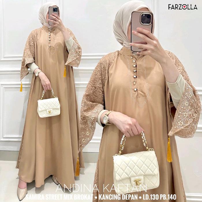 Dress Muslimah Andina Kaftan Samira Streat Mix Brokat Kancing Depan LD 130cm Premium - Pesta, Wanita