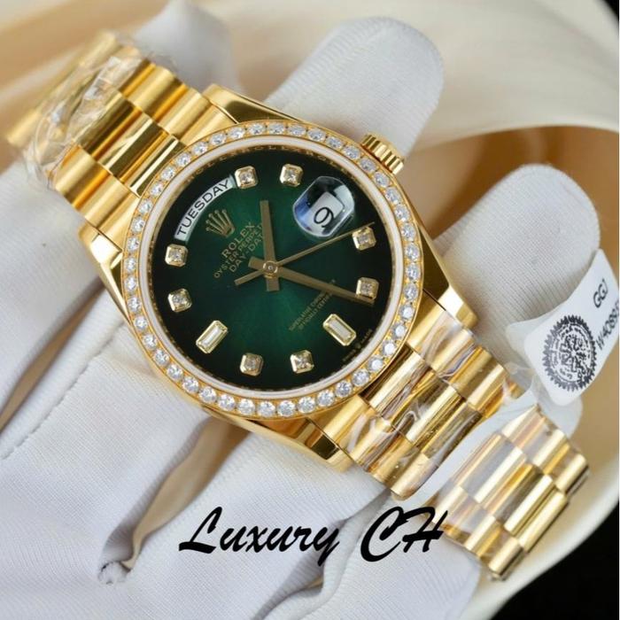 RolexDay-Date 128348 Watches Green Ombre Dial Gold Wrapped Bezel Moissanite Diamonds Custom 36mm