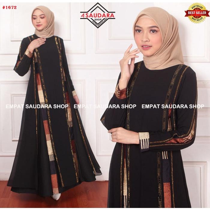 Gamis Abaya Turkey / Arab Hitam Jersey Mix Ceruti Bordir Mote Swarosky Turkey Model 1672 Terbaru