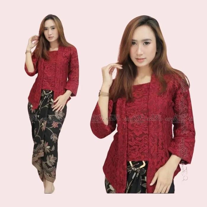 Stelan Kebaya Brukat Modern Kutubaru Maroon dan Warna lainnya
