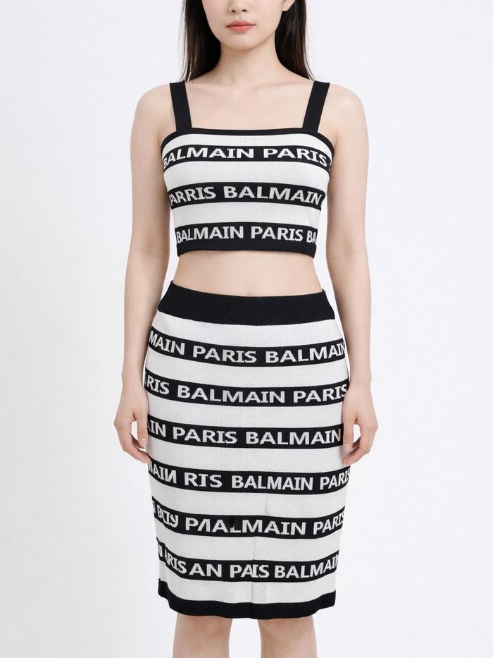 Balmain Paris Setelan Rajut Wanita Preloved Crop Top & Rok Midi Hitam Putih Bahan Rajut Elastis Nyam