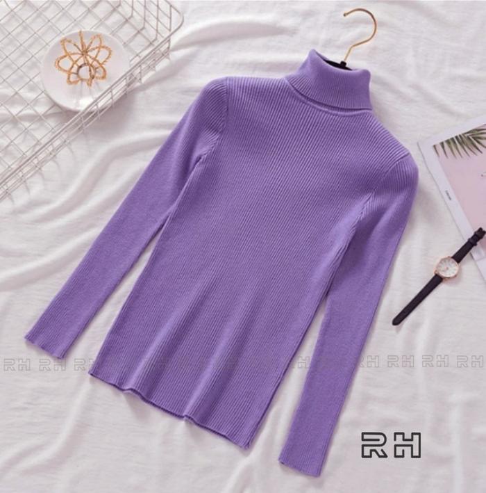 Sweater Baju Rajut Wanita Kerah Tinggi Turtleneck Bulat Lilac Motif Garis Salur Tangan Panjang Outer