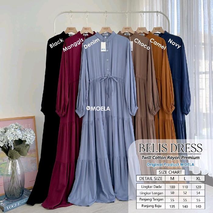 BELIS DRESS BY MOELA GAMIS POLOS  Casual Wanita Dress Baju Midi Gaun Rayon Dewasa Remaja Hitam Katun