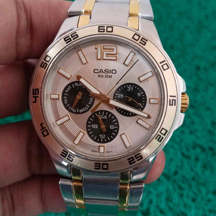 Casio Jam Tangan Quartz 42mm S Steel dengan Indikator Hari Tanggal 24h WR 50m Original