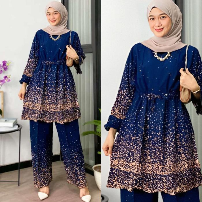 Setelan One Set Tunik Tunic Baju Atasan Wanita Muslimah Remaja Dewasa Lengan Panjang Lebaran Hari Ra
